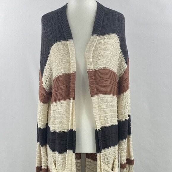 Knox Rose Cardigan Duster Sweater Size M Open Front Striped Gray Cream Pink - Picture 2 of 11